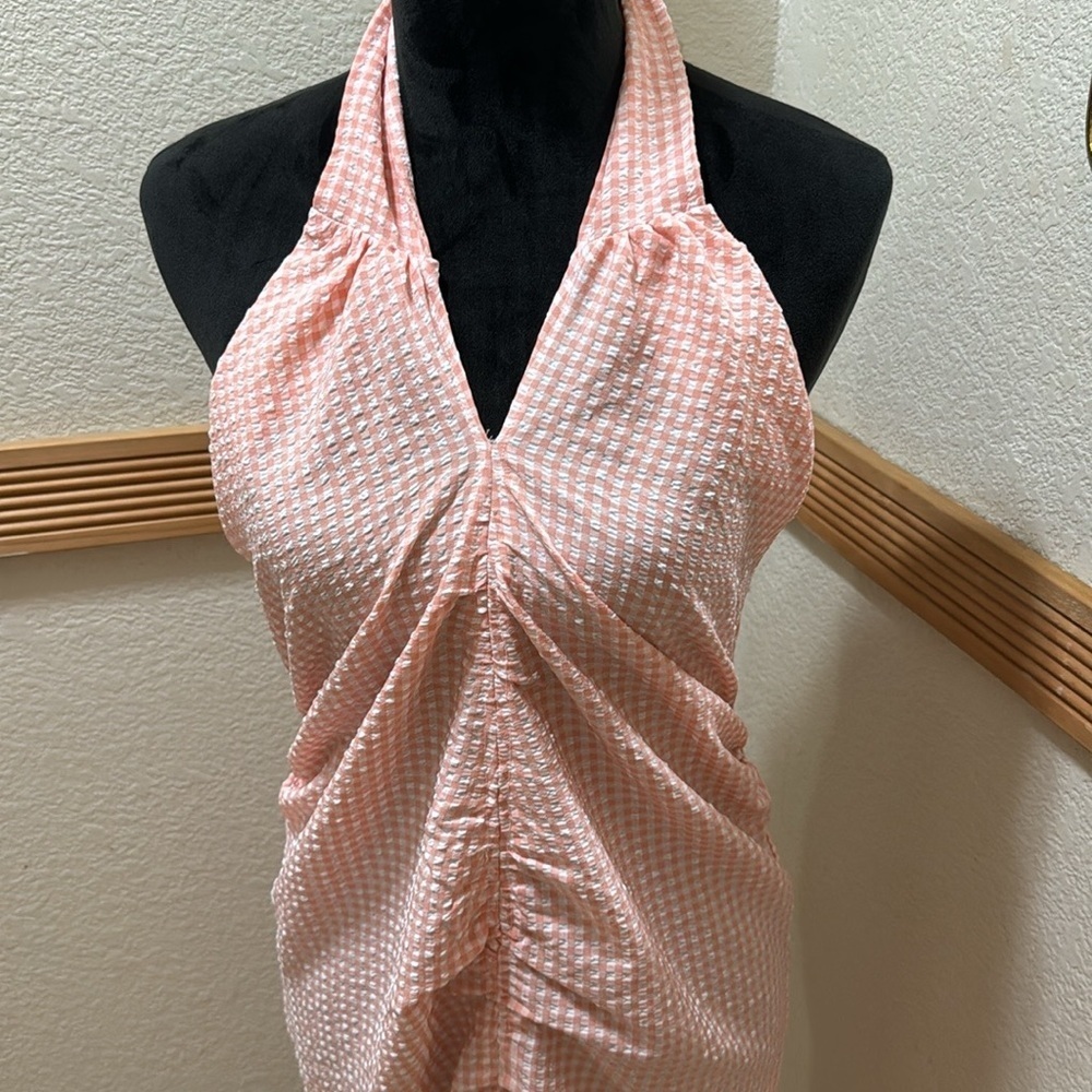 Mango Pink and White Halter Neck Open back Gingham dress size L - Picture 4 of 8
